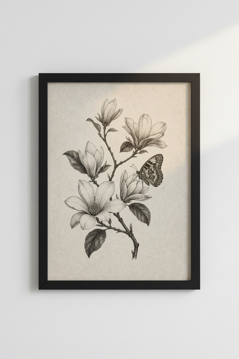 Magnolia &amp; Butterfly Sketch | Vintage Botanical Ink Portrait, Living Room Decor