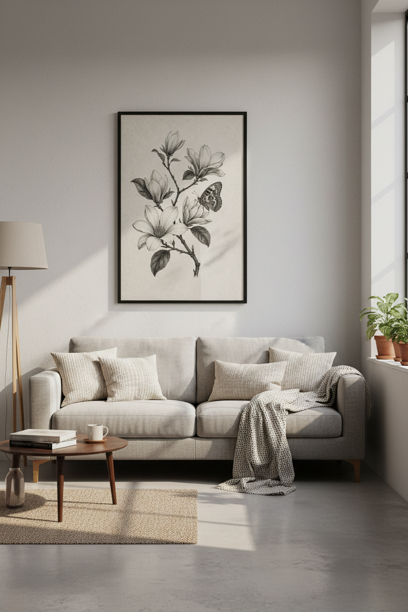 Magnolia &amp; Butterfly Sketch | Vintage Botanical Ink Portrait, Living Room Decor