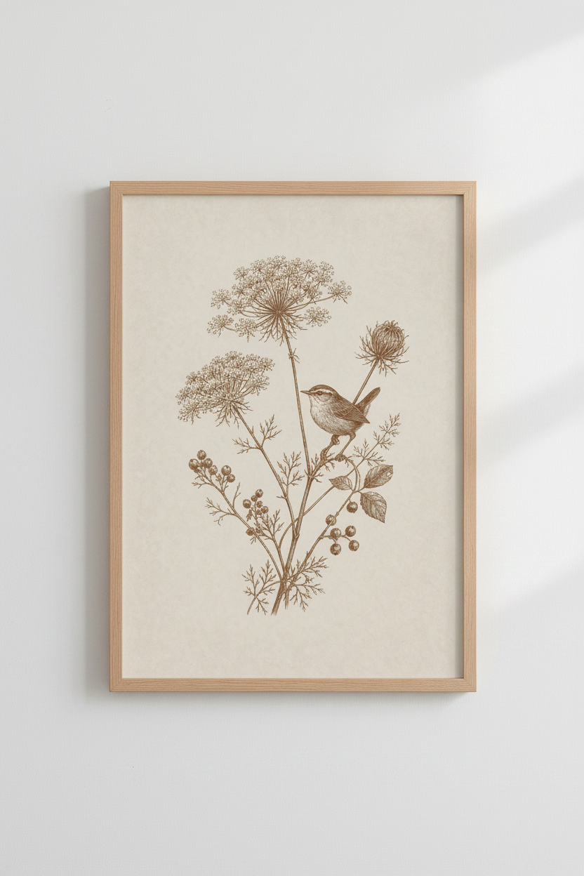 Vintage Bird &amp; Botanical Wall Art Print | Neutral Meadow Decor | Floral Poster