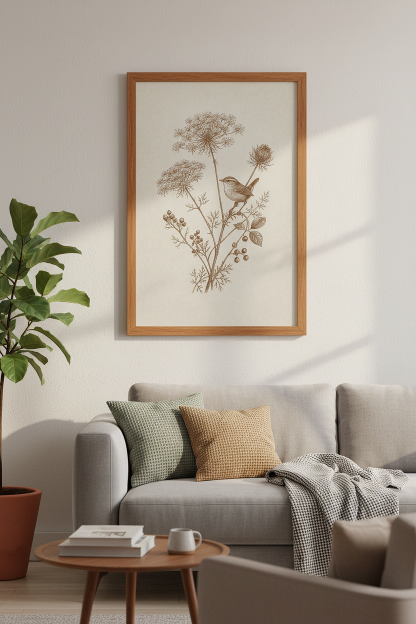 Vintage Bird &amp; Botanical Wall Art Print | Neutral Meadow Decor | Floral Poster