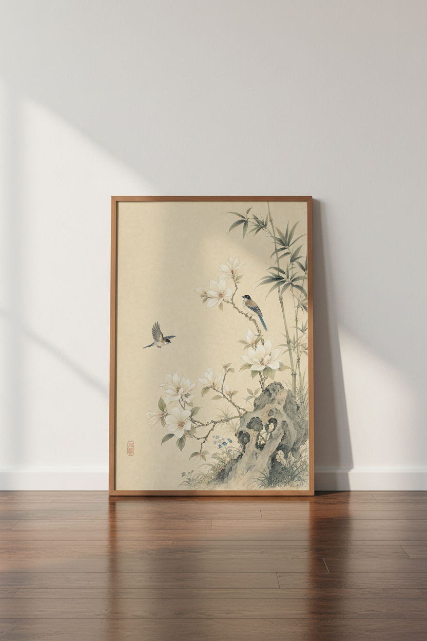 Chinese Birds &amp; Magnolia Wall Art | Vintage Asian Floral Decor | Japandi Poster