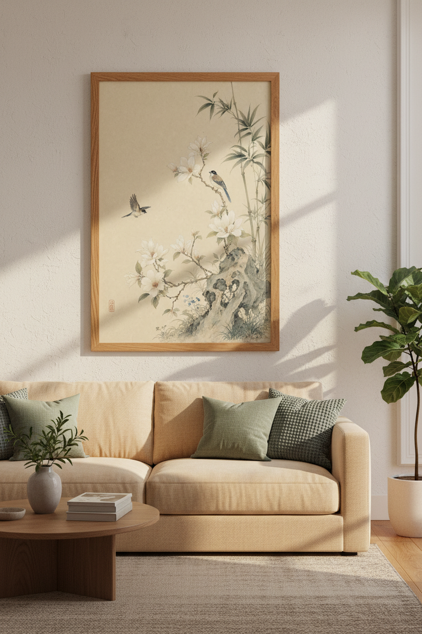 Chinese Birds &amp; Magnolia Wall Art | Vintage Asian Floral Decor | Japandi Poster