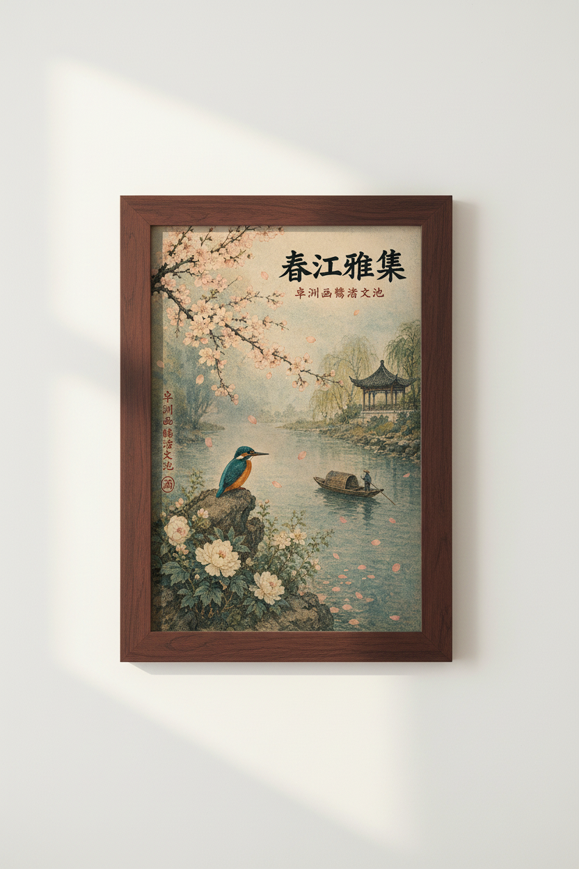 Chinoiserie Wall Art | Vintage Garden Scene in Teal &amp; Pink, Living Room Decor
