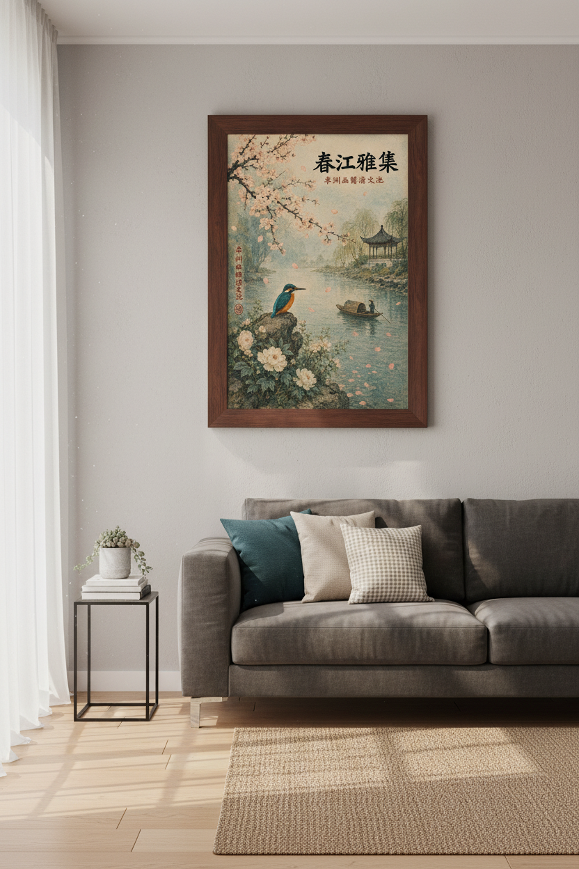 Chinoiserie Wall Art | Vintage Garden Scene in Teal &amp; Pink, Living Room Decor