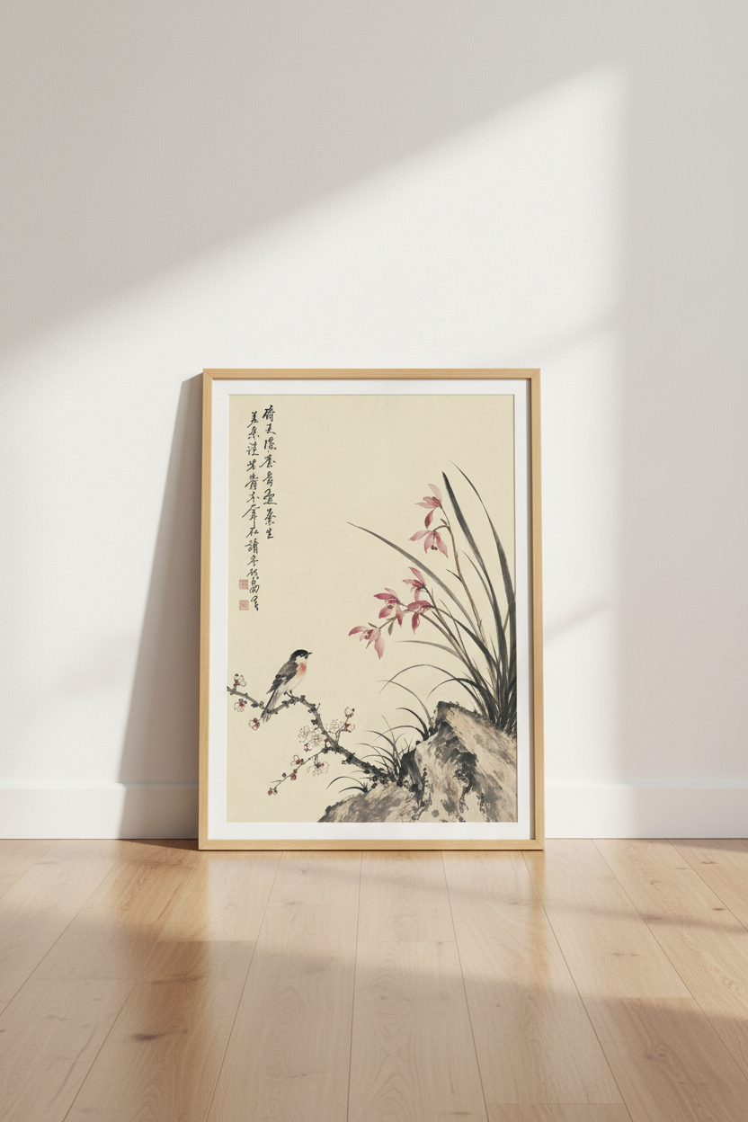 Vintage Chinese Bird &amp; Blossom Wall Art | Neutral Zen Decor | Ink Wash Poster