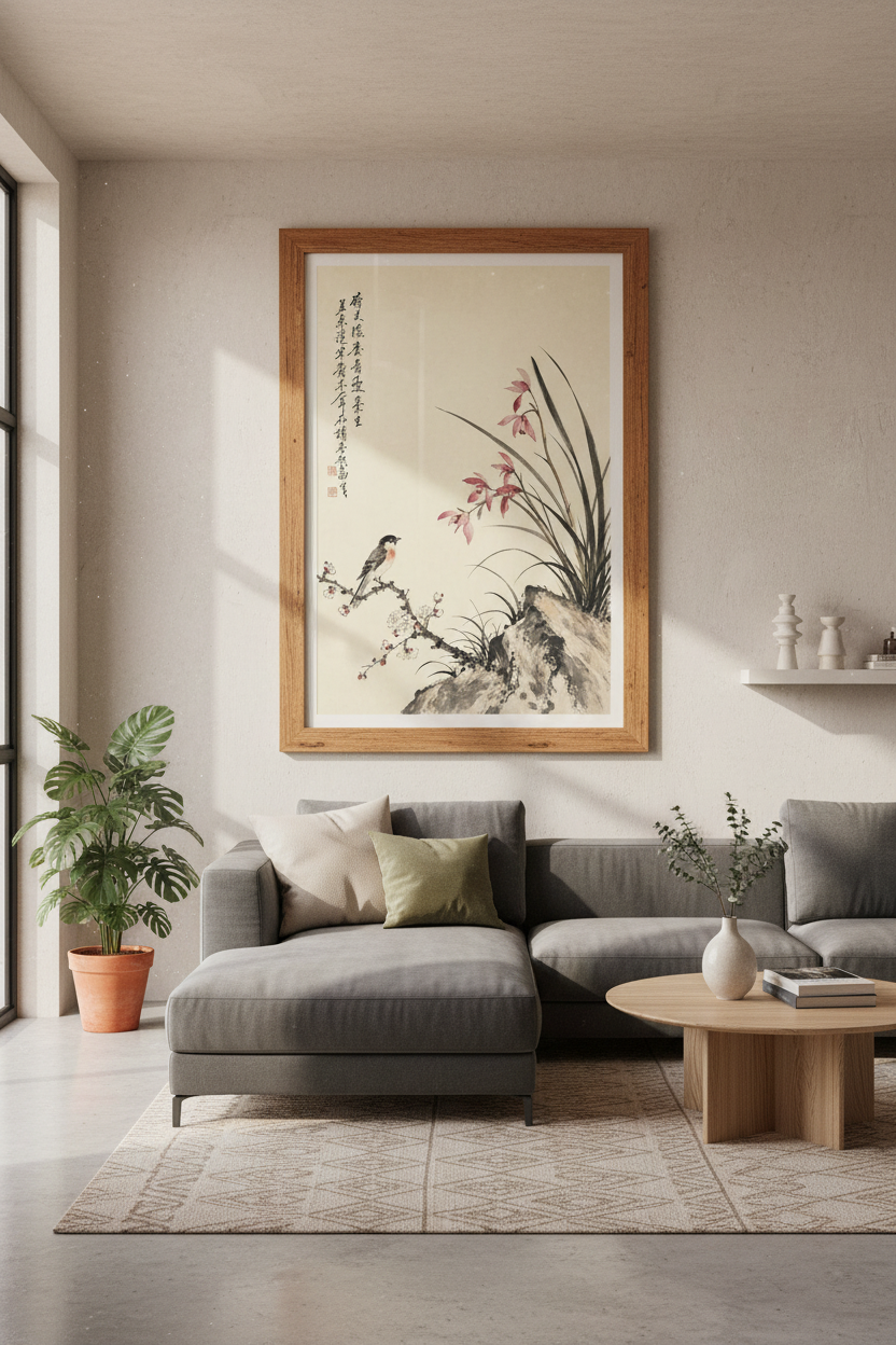 Vintage Chinese Bird &amp; Blossom Wall Art | Neutral Zen Decor | Ink Wash Poster