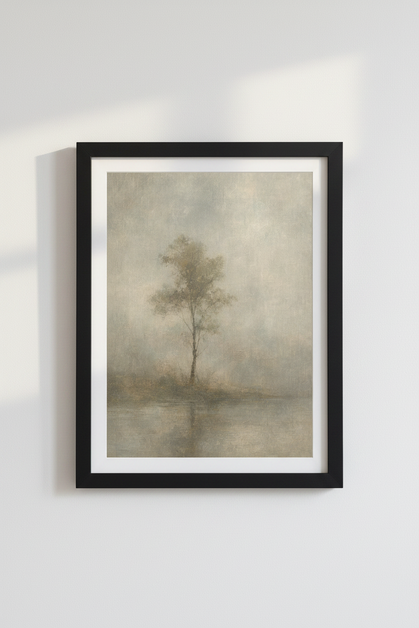 Misty Tree Landscape | Vintage Neutral Oil Painting, Living Room Decor