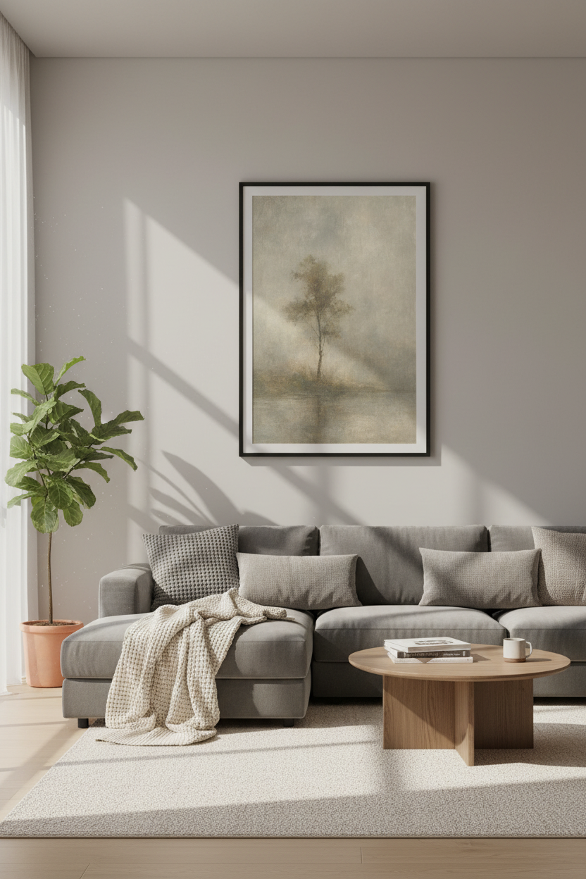 Misty Tree Landscape | Vintage Neutral Oil Painting, Living Room Decor