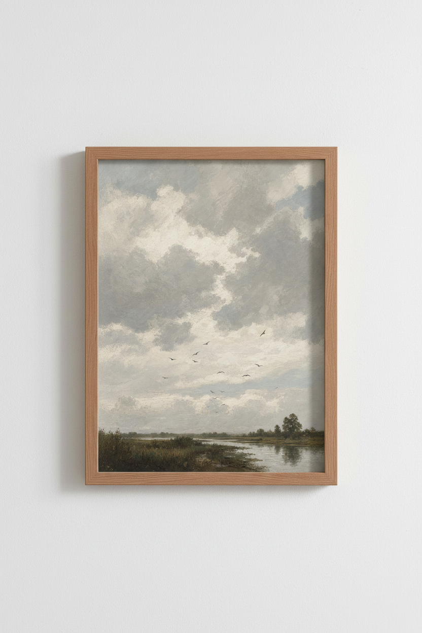 Cloudscape wall art | Soft neutrals, muted blues | Living room decor