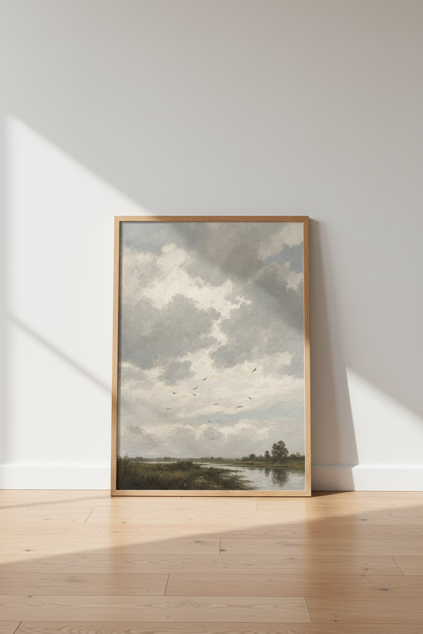 Cloudscape wall art | Soft neutrals, muted blues | Living room decor