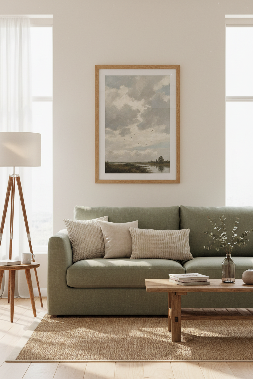 Cloudscape wall art | Soft neutrals, muted blues | Living room decor