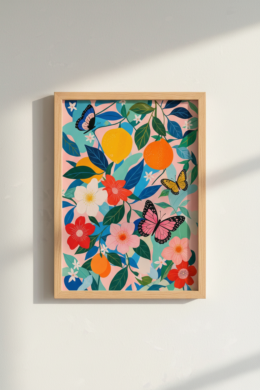 Colorful Citrus Wall Art Print | Maximalist Fruit Decor | Pink Butterfly Poster
