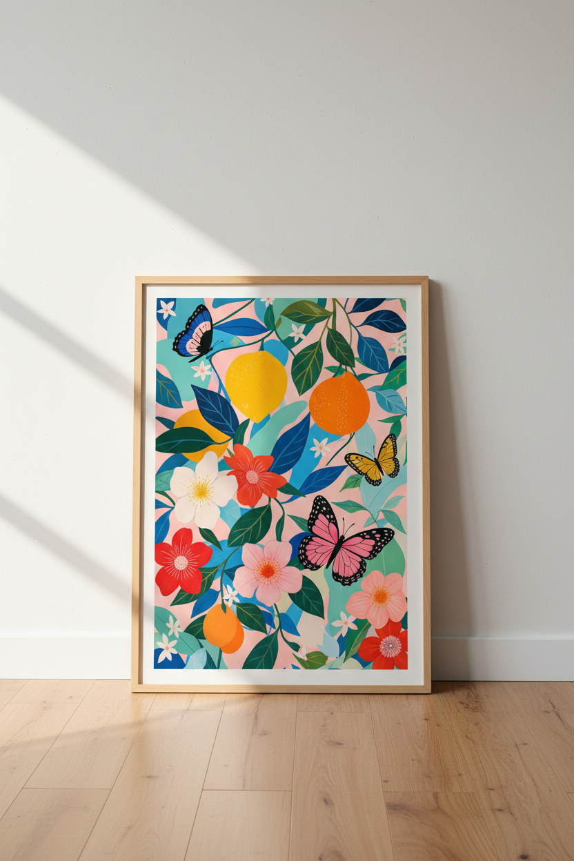 Colorful Citrus Wall Art Print | Maximalist Fruit Decor | Pink Butterfly Poster