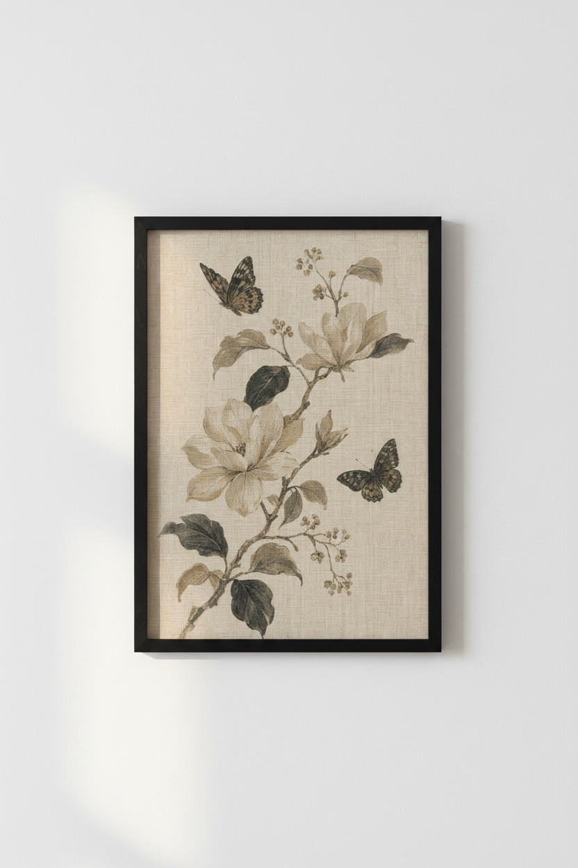 Vintage Magnolia Butterfly Wall Art | Neutral Botanical Decor | Cottagecore Poster