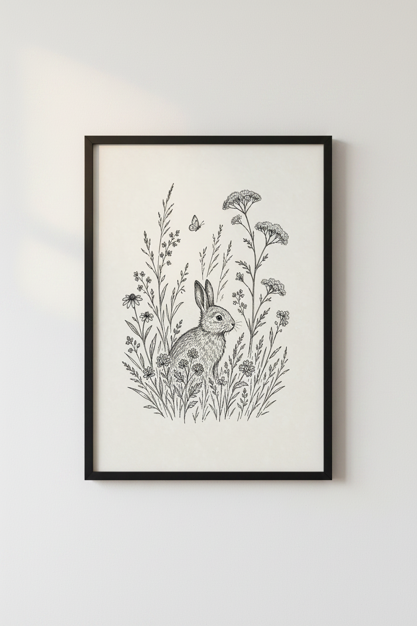 Wildflower Rabbit Wall Art | Minimalist Woodland Nursery | Cottagecore Bunny Poster