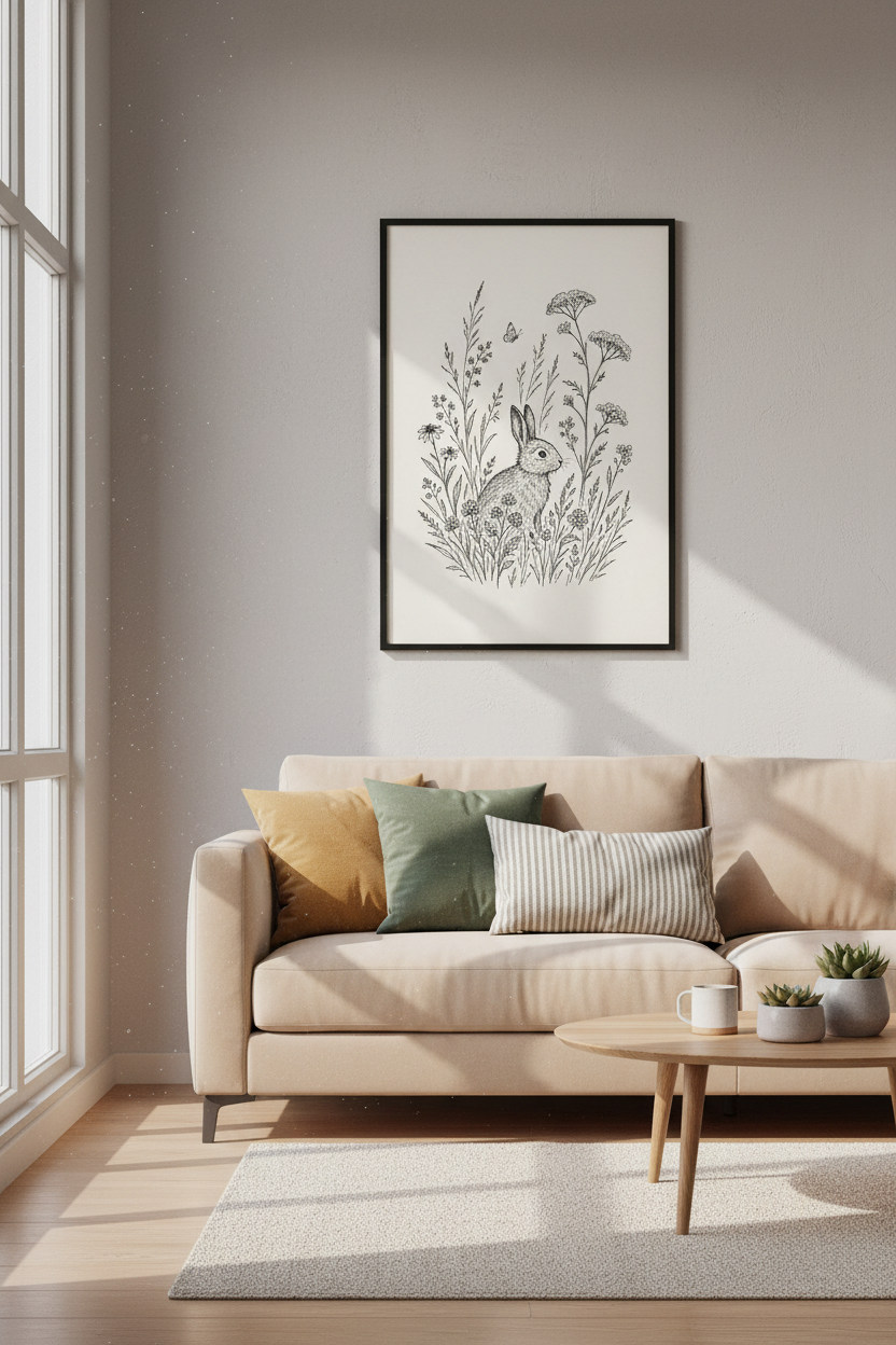 Wildflower Rabbit Wall Art | Minimalist Woodland Nursery | Cottagecore Bunny Poster