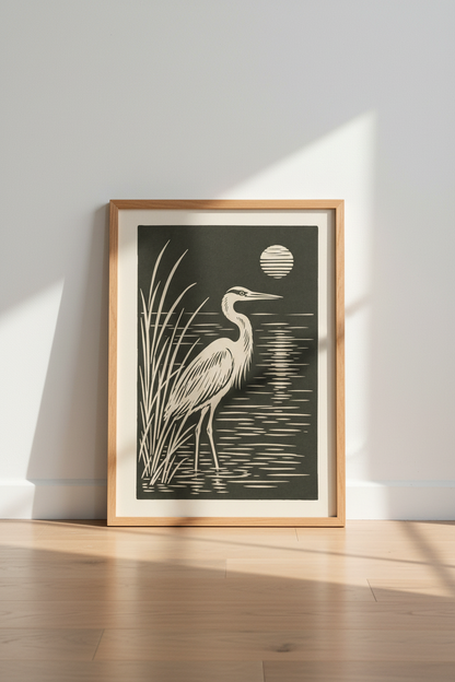 Heron Woodcut Wall Art | Black &amp; Cream Coastal Decor | Minimalist Bird Poster
