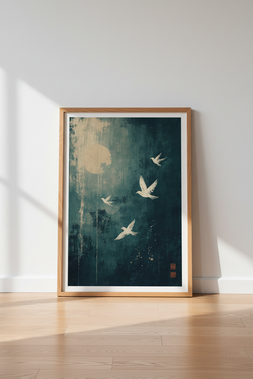 Birds and Moon Print | Japanese Teal Blue Art, Zen Bedroom Decor