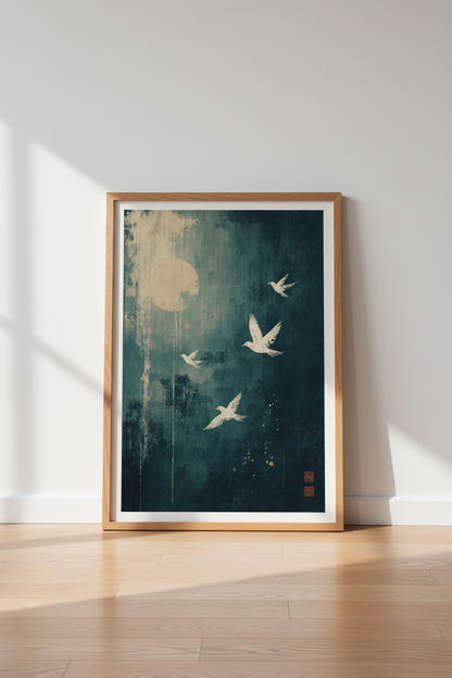 Birds and Moon Print | Japanese Teal Blue Art, Zen Bedroom Decor