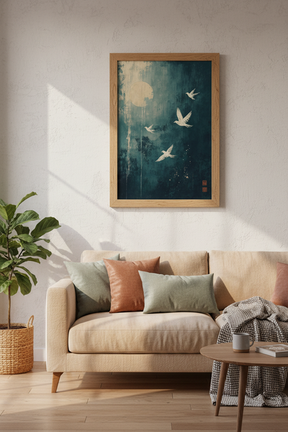 Birds and Moon Print | Japanese Teal Blue Art, Zen Bedroom Decor