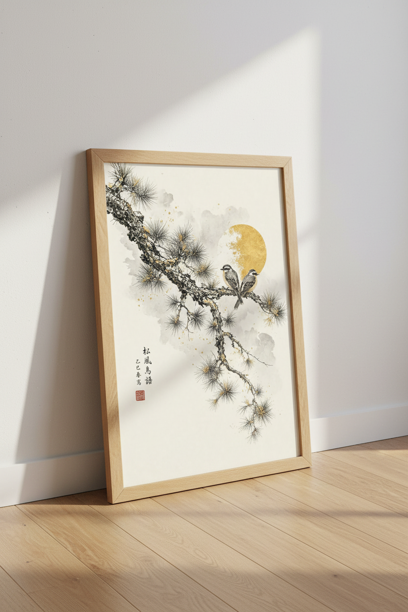 Japanese Bird &amp; Pine Wall Art Print | Zen Gold Sun Decor | Japandi Poster