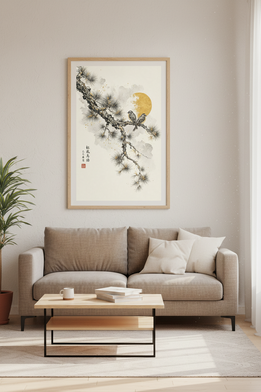 Japanese Bird &amp; Pine Wall Art Print | Zen Gold Sun Decor | Japandi Poster