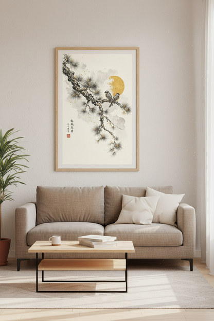 Japanese Bird &amp; Pine Wall Art Print | Zen Gold Sun Decor | Japandi Poster