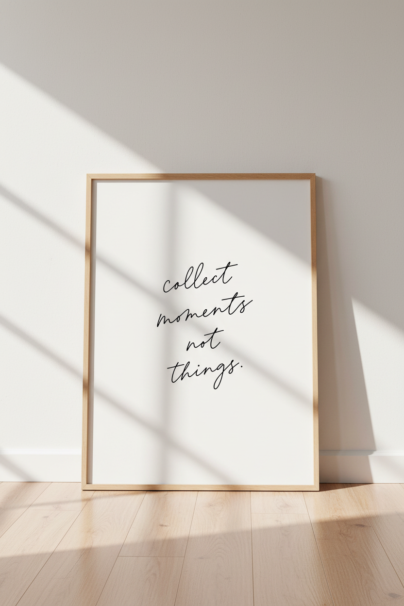 Collect Moments Not Things Wall Art | Minimalist Black &amp; White Quote, Bedroom Poster Print