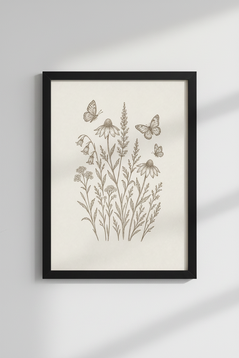 Wildflower Butterfly Sketch | Vintage Cream Botanical, Bedroom Living Room Wall Art