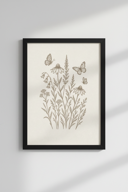 Wildflower Butterfly Sketch | Vintage Cream Botanical, Bedroom Living Room Wall Art