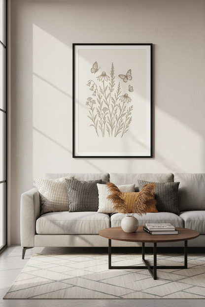 Wildflower Butterfly Sketch | Vintage Cream Botanical, Bedroom Living Room Wall Art