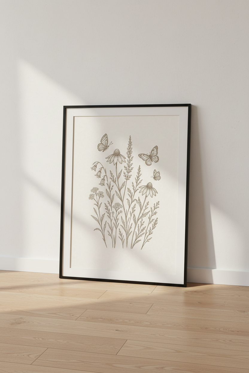 Wildflower Butterfly Sketch | Vintage Cream Botanical, Bedroom Living Room Wall Art