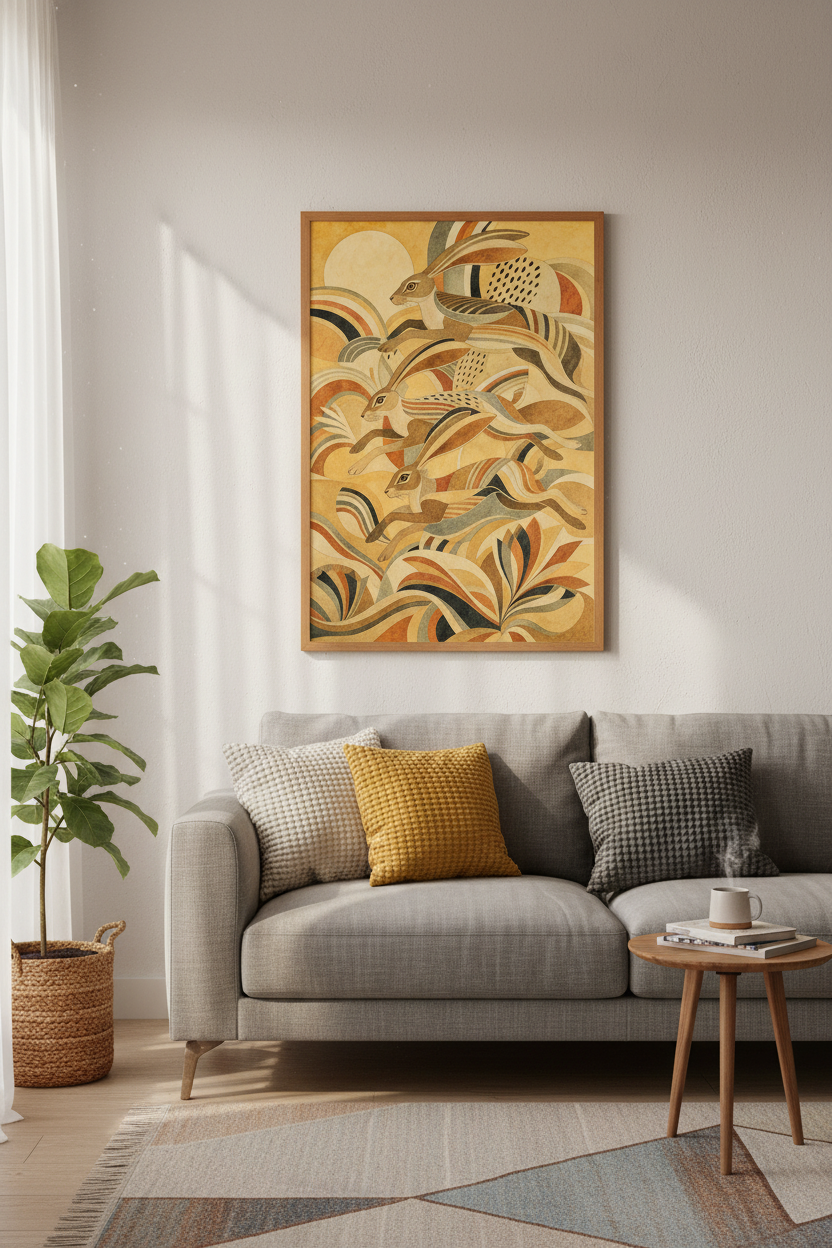 Folk Art Leaping Hares Wall Art | Earth Tone Woodland Print | Boho Nursery Decor