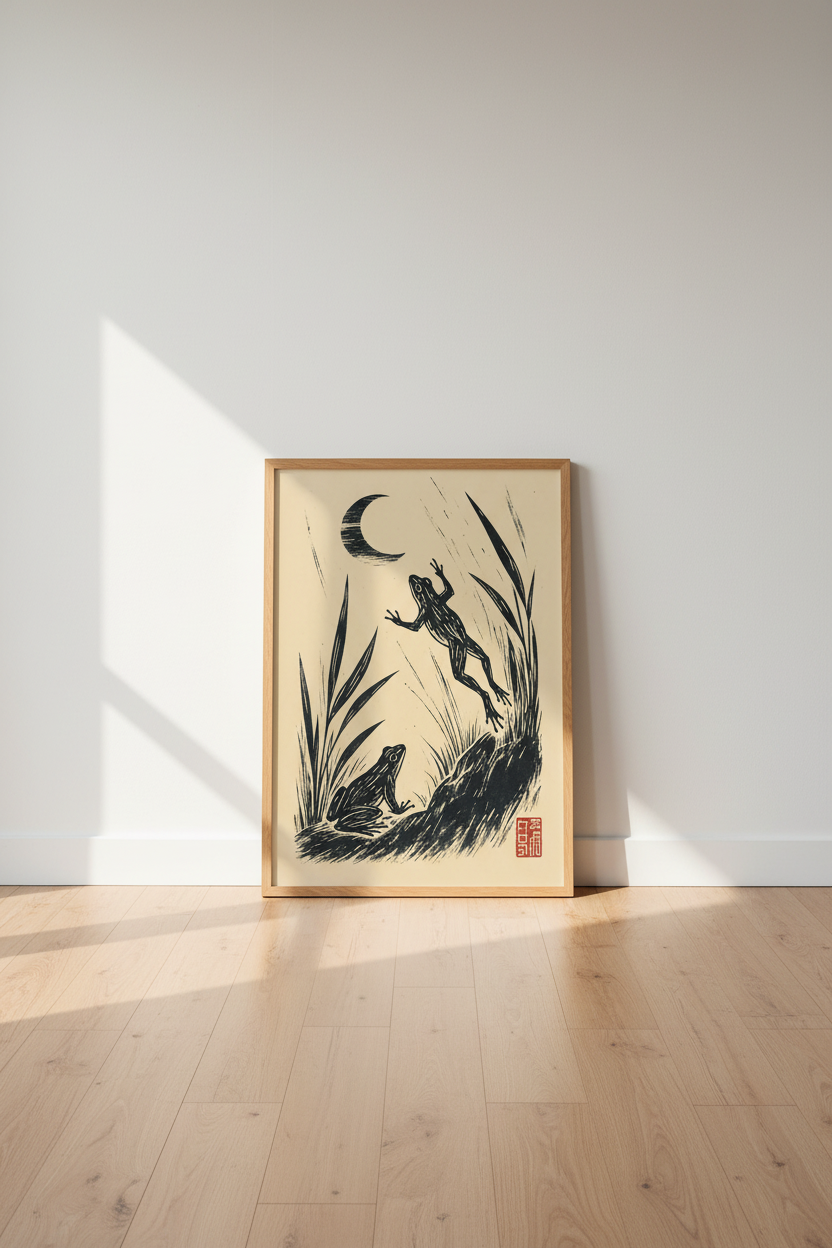 Leaping Frog Moon Art | Linocut Style Woodblock Print, Bedroom Living Room Decor