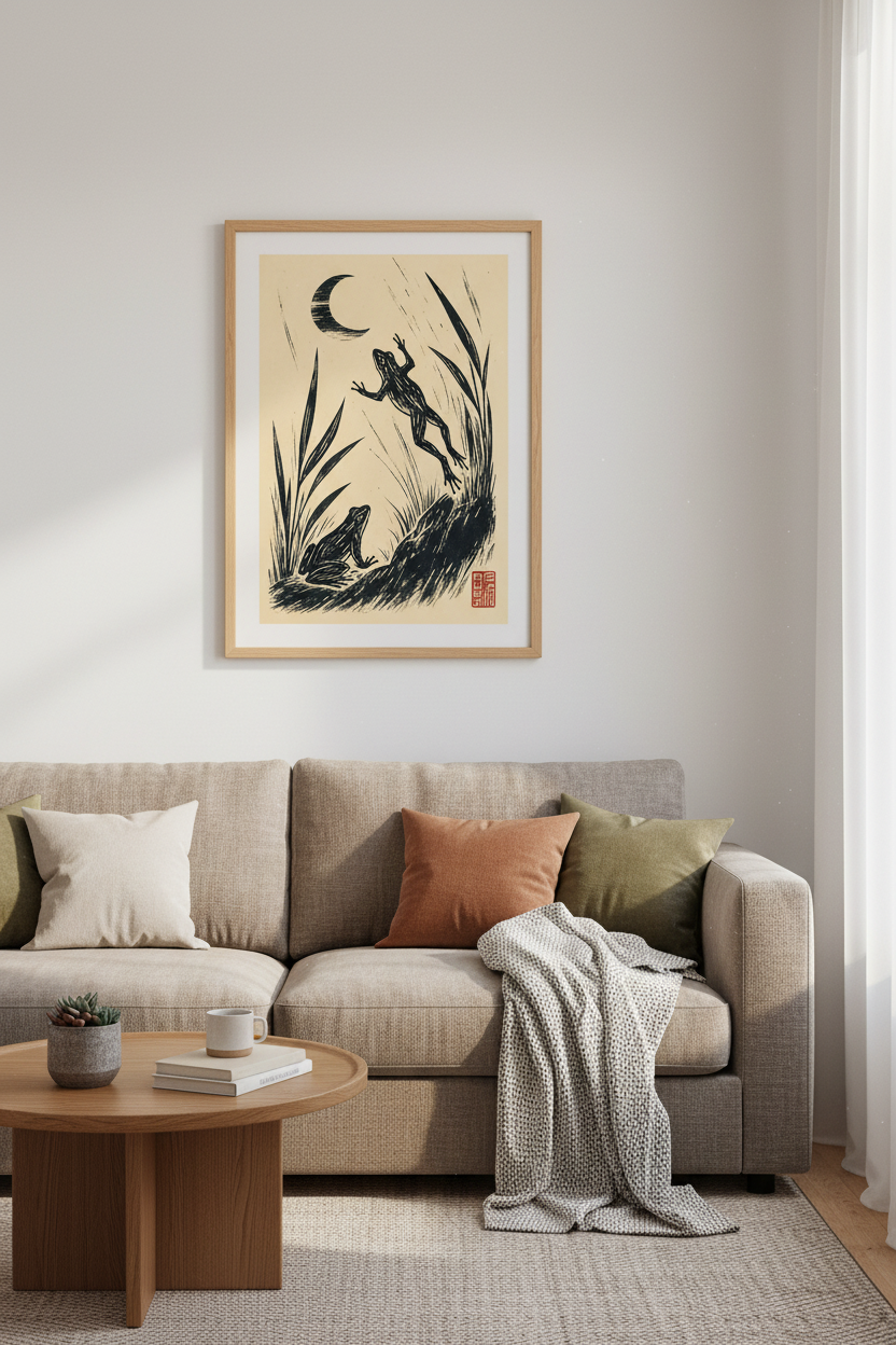 Leaping Frog Moon Art | Linocut Style Woodblock Print, Bedroom Living Room Decor