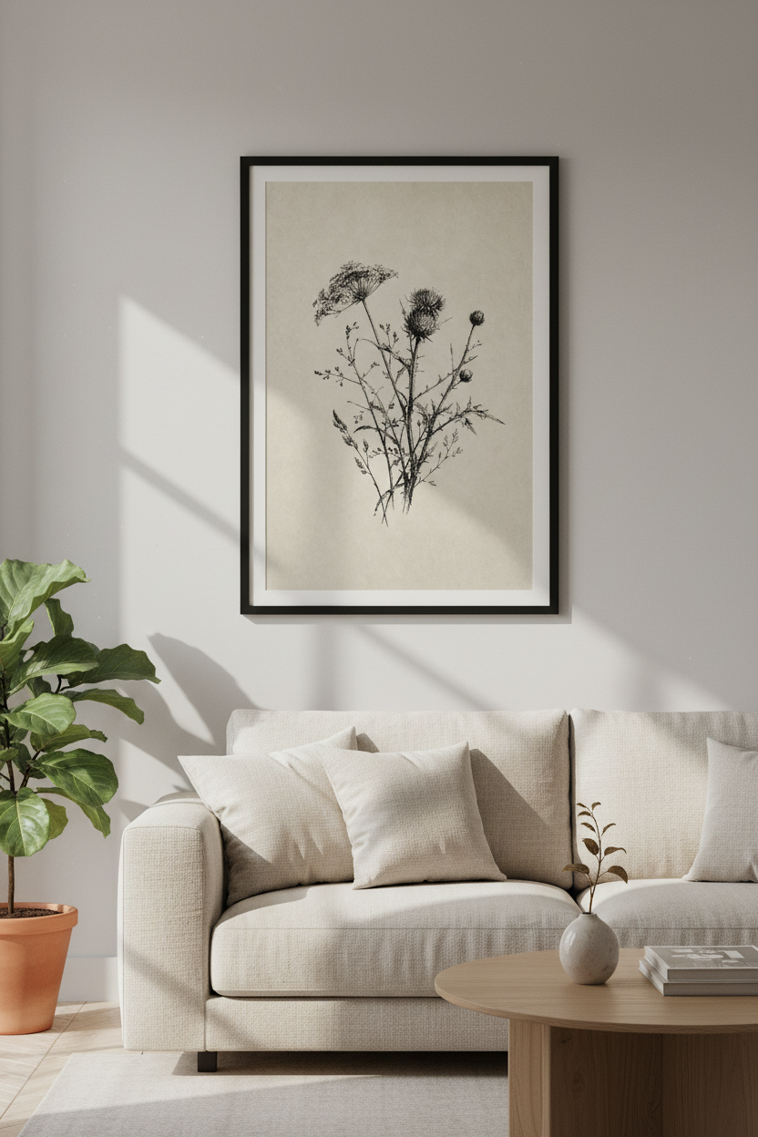 Vintage Thistle Botanical Sketch | Wildflower Neutral Poster | Farmhouse Wall Art