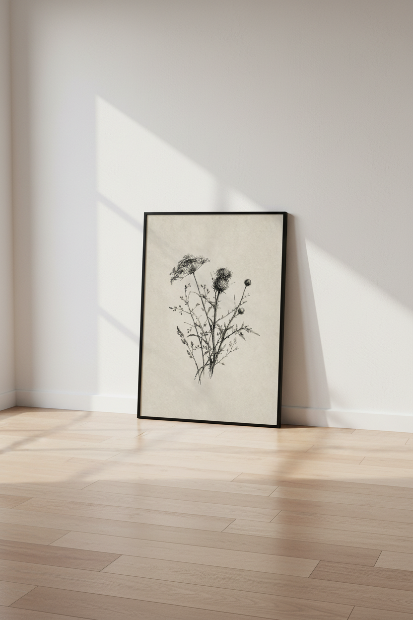 Vintage Thistle Botanical Sketch | Wildflower Neutral Poster | Farmhouse Wall Art