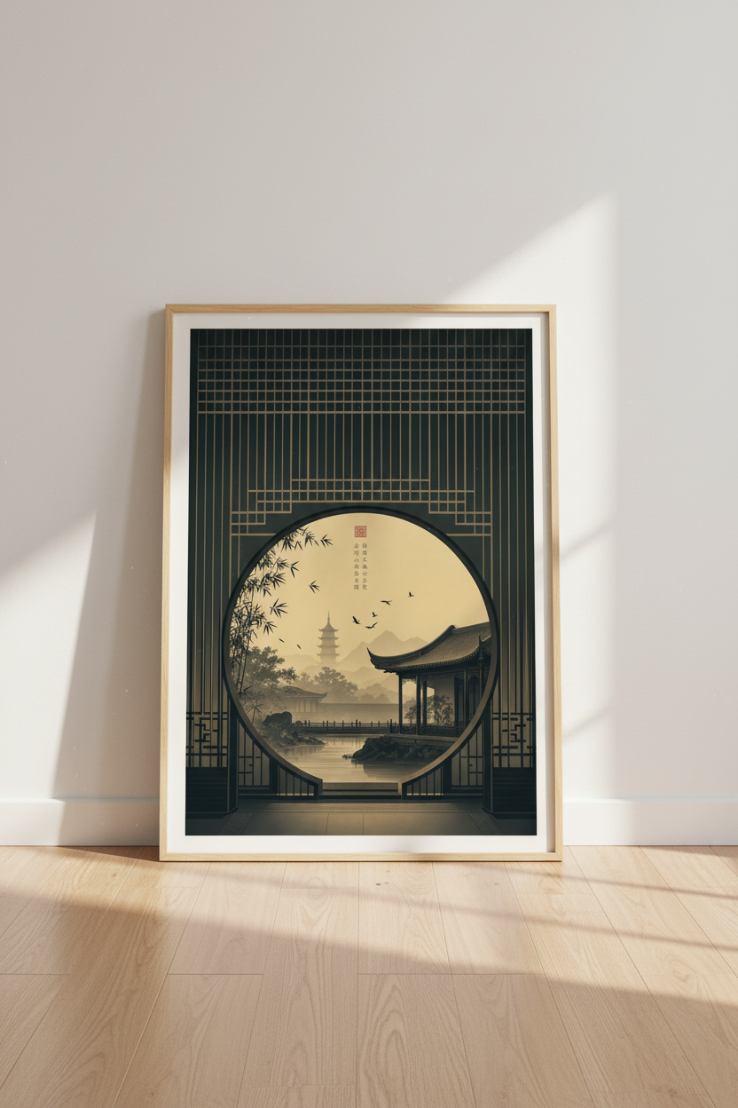Japanese Zen Landscape Wall Art | Pagoda &amp; Moon Gate Print, Minimalist Decor