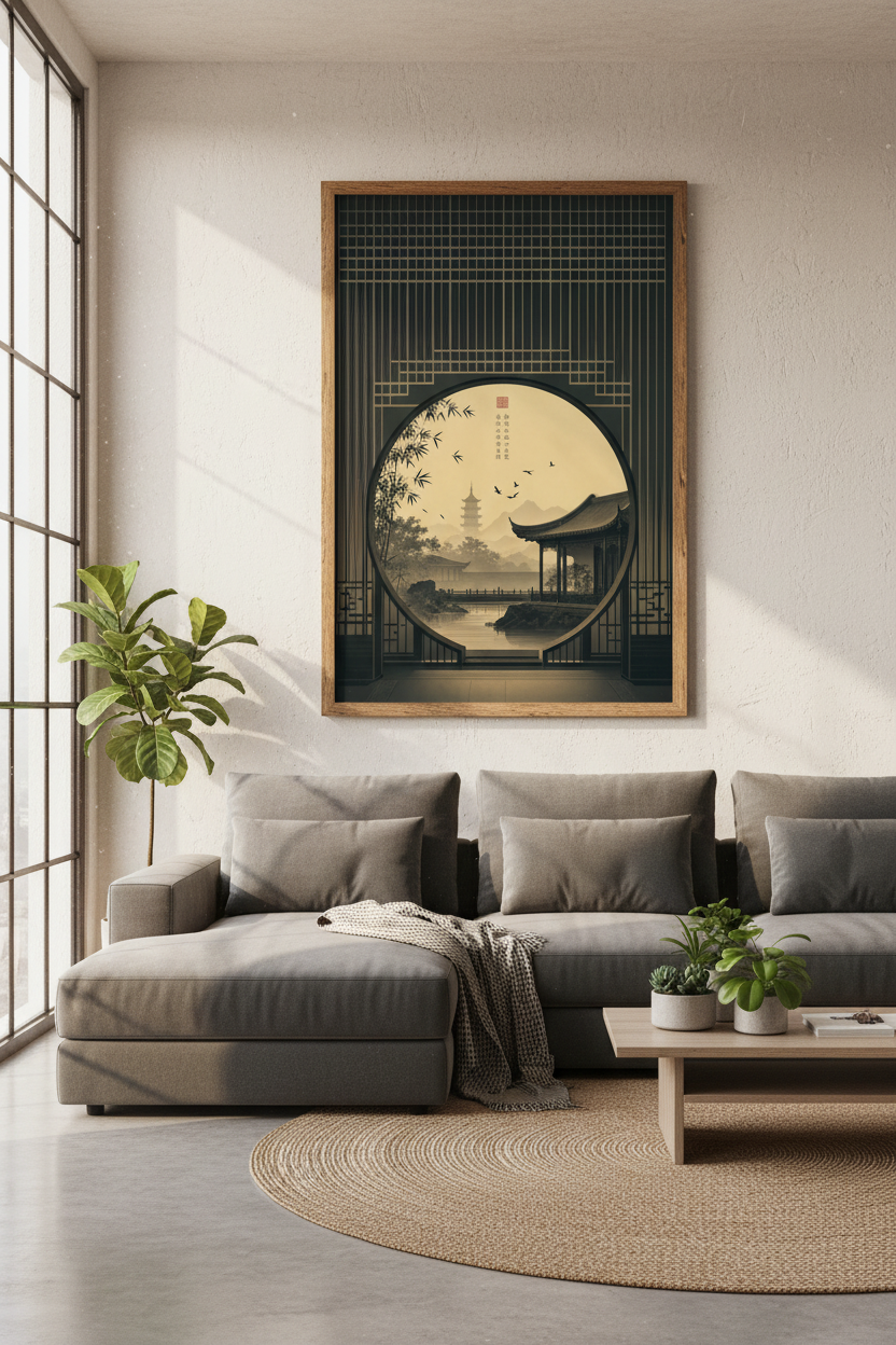 Japanese Zen Landscape Wall Art | Pagoda &amp; Moon Gate Print, Minimalist Decor
