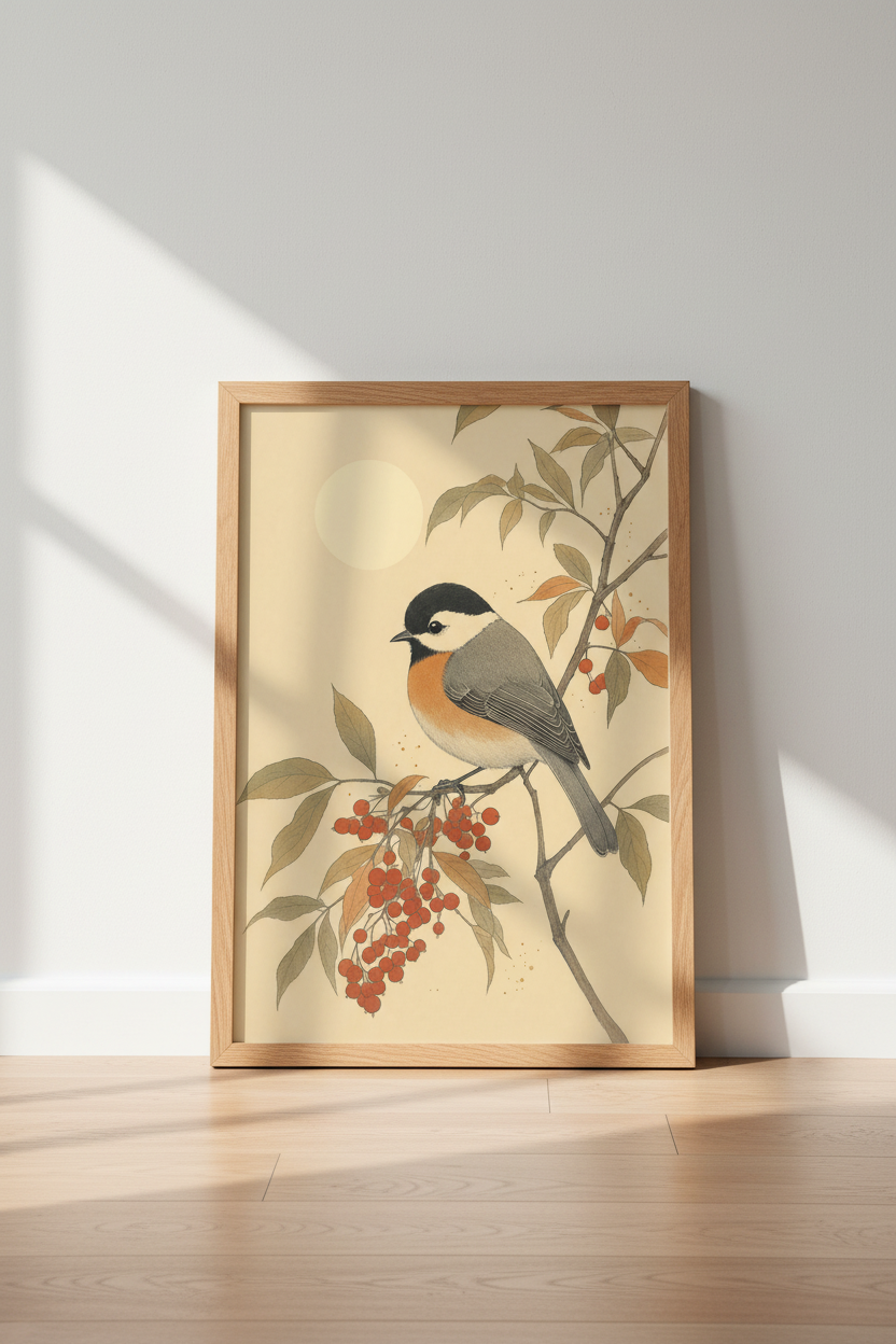 Chickadee Bird Illustration | Japanese Vintage Nature Print, Living Room Wall Art