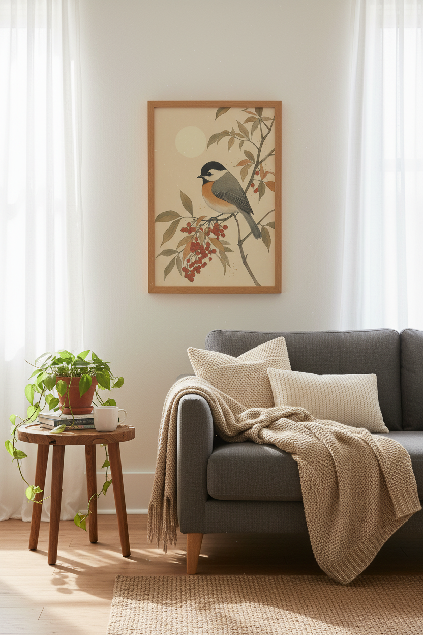 Chickadee Bird Illustration | Japanese Vintage Nature Print, Living Room Wall Art