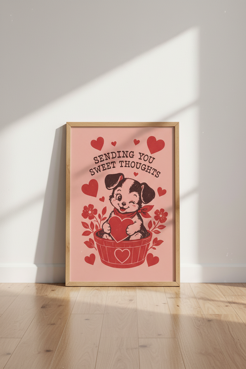 Vintage Puppy Valentine Art | Retro Pink &amp; Red Decor, Nursery Wall Poster