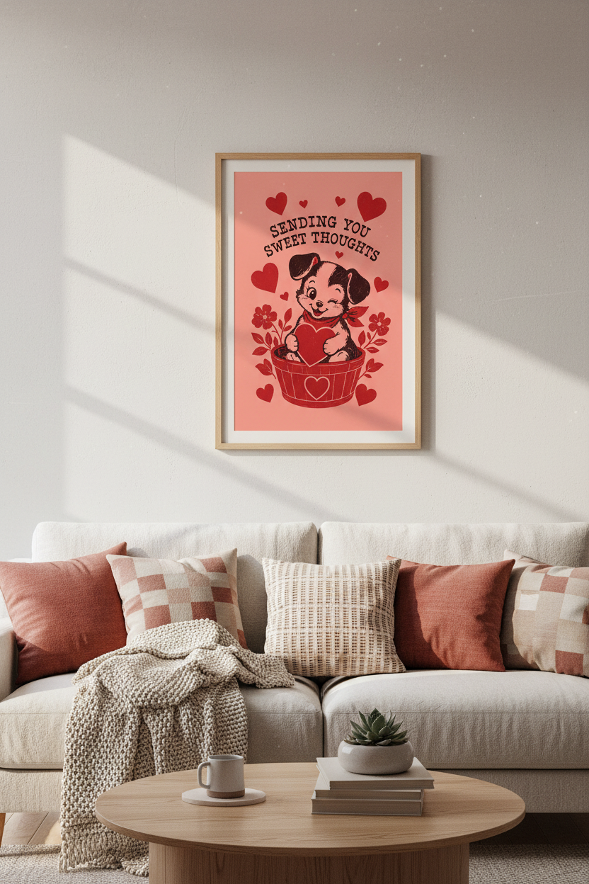 Vintage Puppy Valentine Art | Retro Pink &amp; Red Decor, Nursery Wall Poster