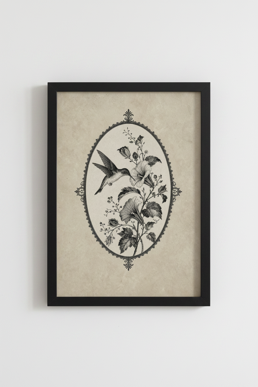 Hummingbird &amp; Botanical Vintage Art Print | Victorian Bird Poster | Cottagecore Wall Decor