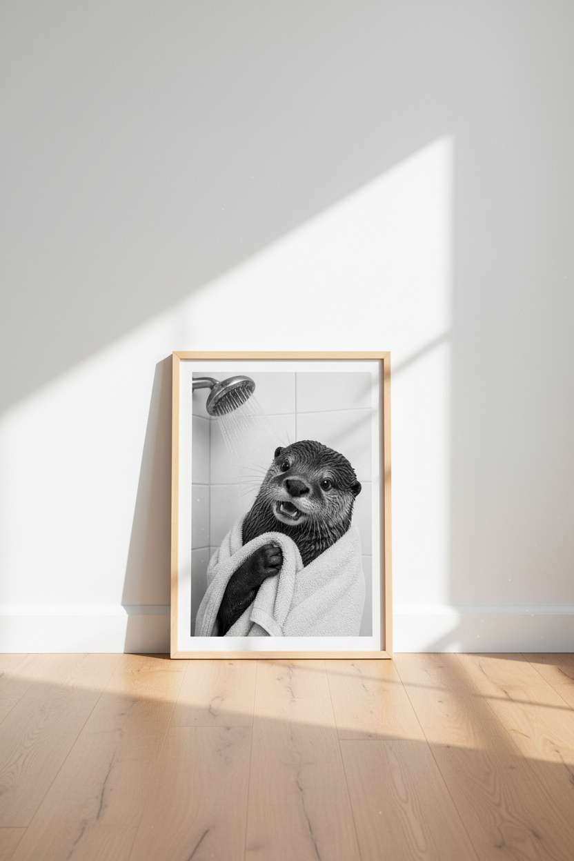 Otter in Shower Wall Art | Funny Black and White Animal Poster | Bathroom Decor