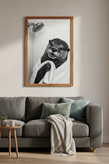 Otter in Shower Wall Art | Funny Black and White Animal Poster | Bathroom Decor