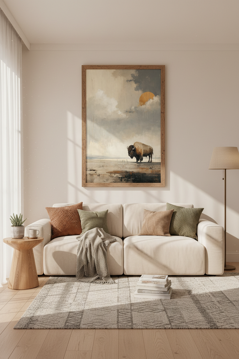 Bison Buffalo Wall Art | Abstract Neutral Painting, Modern Farmhouse Decor