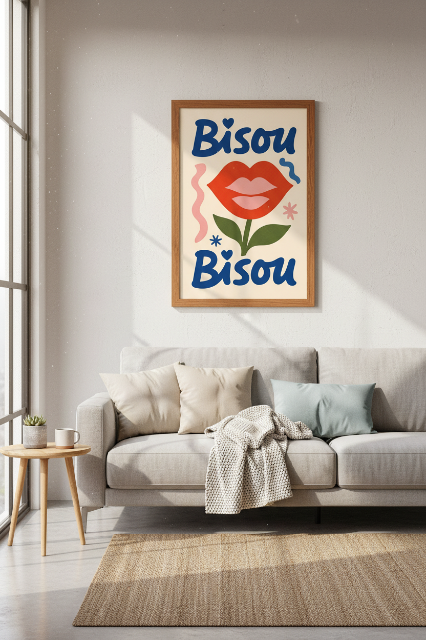 Bisou Bisou French Typography Art | Red Lips Flower Poster, Eclectic Modern Decor
