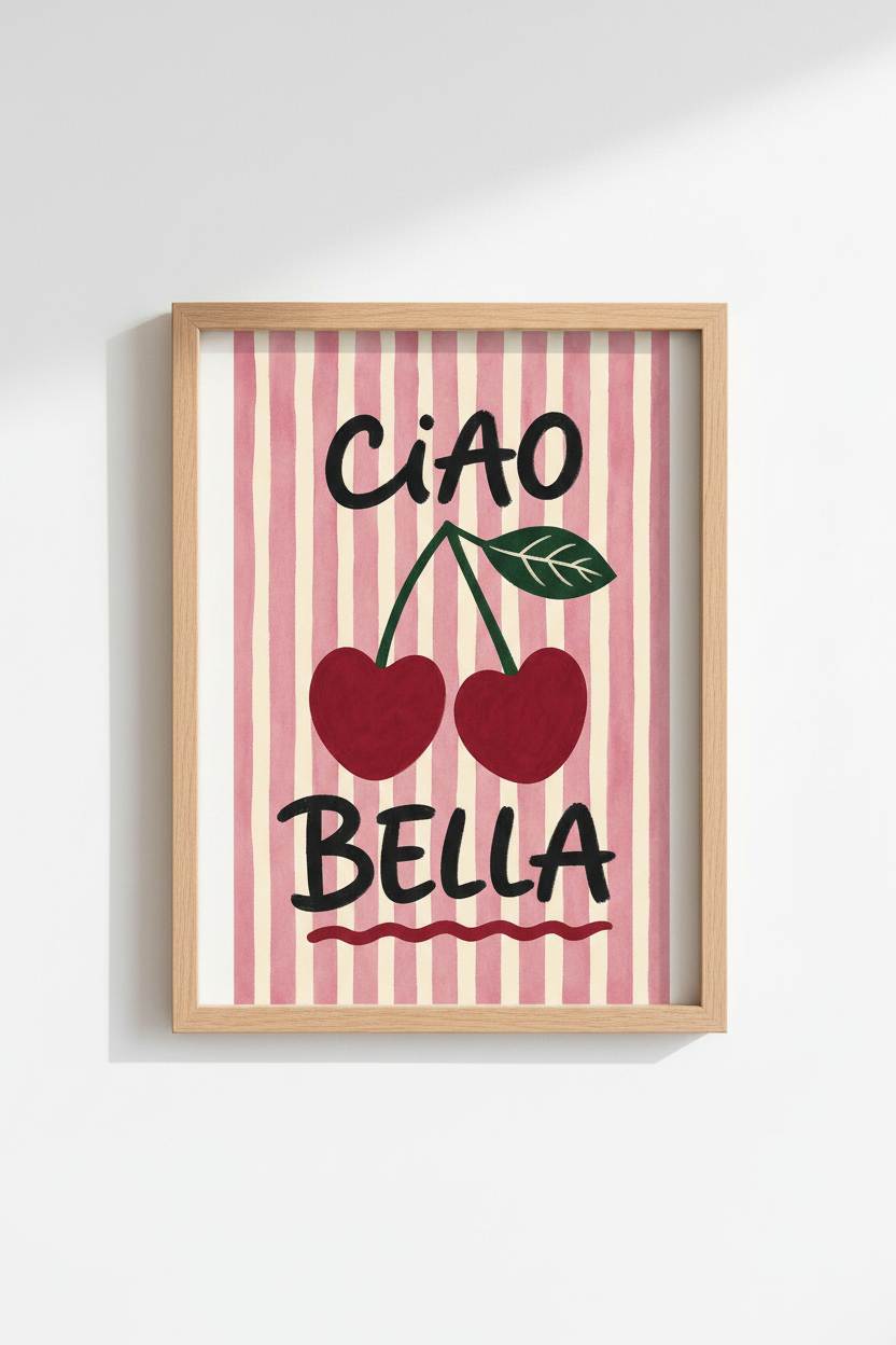 Cherry Wall Art | Playful Retro Pink Stripes Living Room Decor