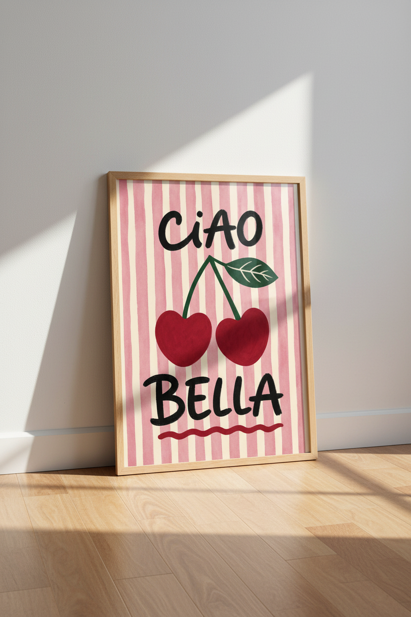 Cherry Wall Art | Playful Retro Pink Stripes Living Room Decor